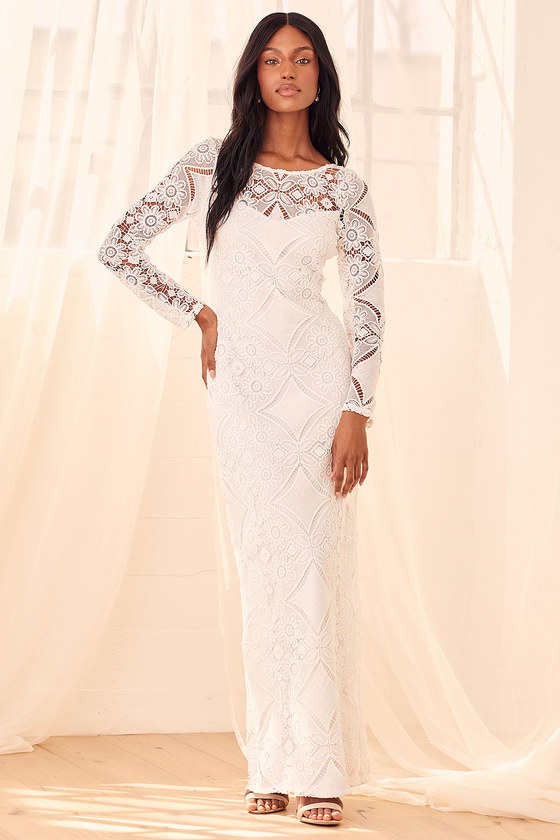 White Crochet Lace Dress - Long Sleeve ...